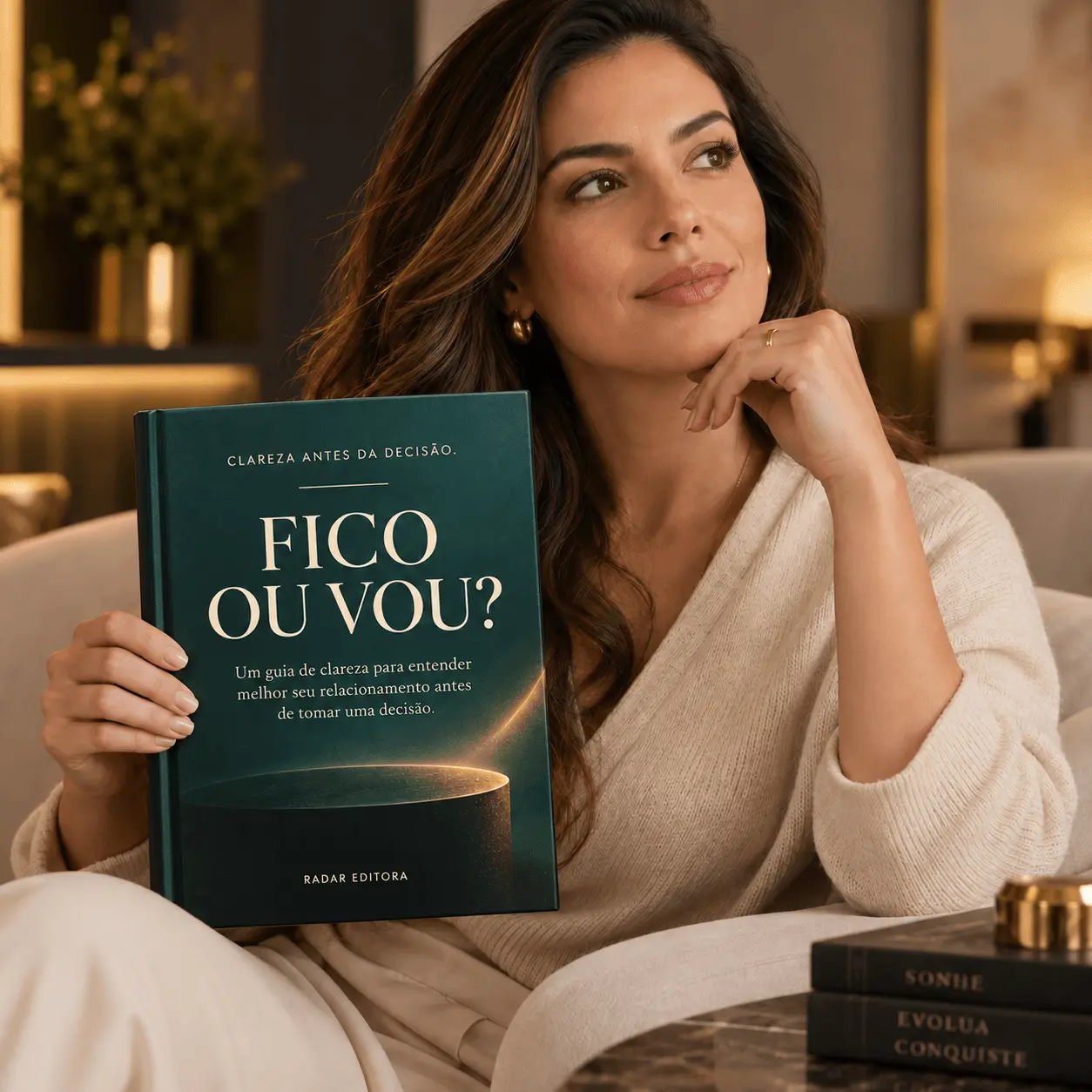 Mulher segurando o livro FICO OU VOU?, da RADAR EDITORA